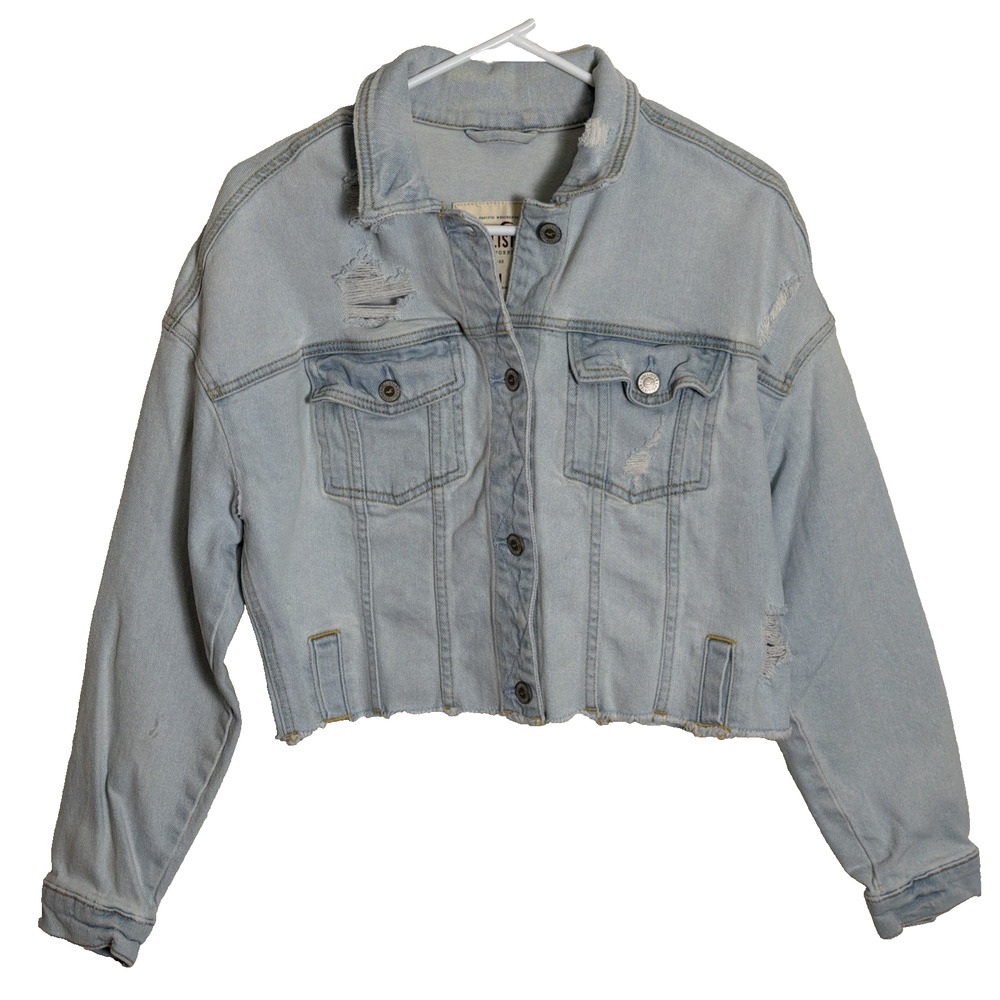 Women's Hollister Cropped Denim Jacket Size M Light Wash Distressed Raw Hem